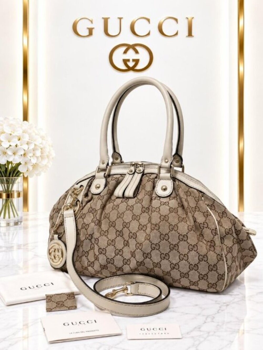 Authentic Gucci Sukey GG Canvas Boston Satchel Bag